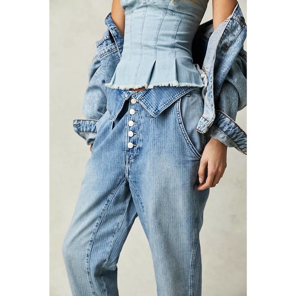 Free People Denim - Free People Noah Foldover Jeans Size Medium Exposed Button Slouchy Stripe